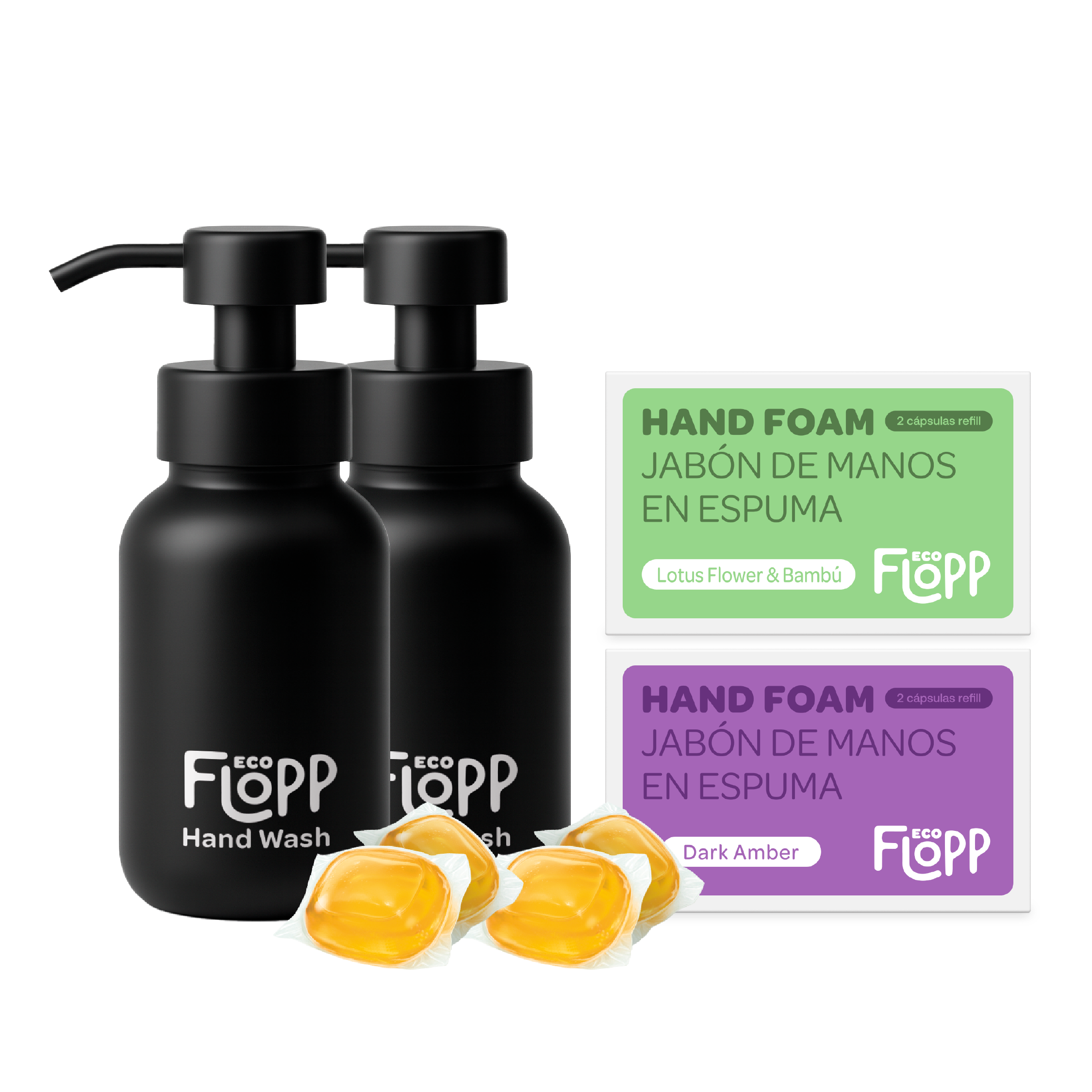 FLOPP ECO Kit Jabón de Manos Espuma 2 Botellas + Refil con 2 Capsulas Dark Amber + Refil con 2 Cápsulas Lotus Flower & Bambú