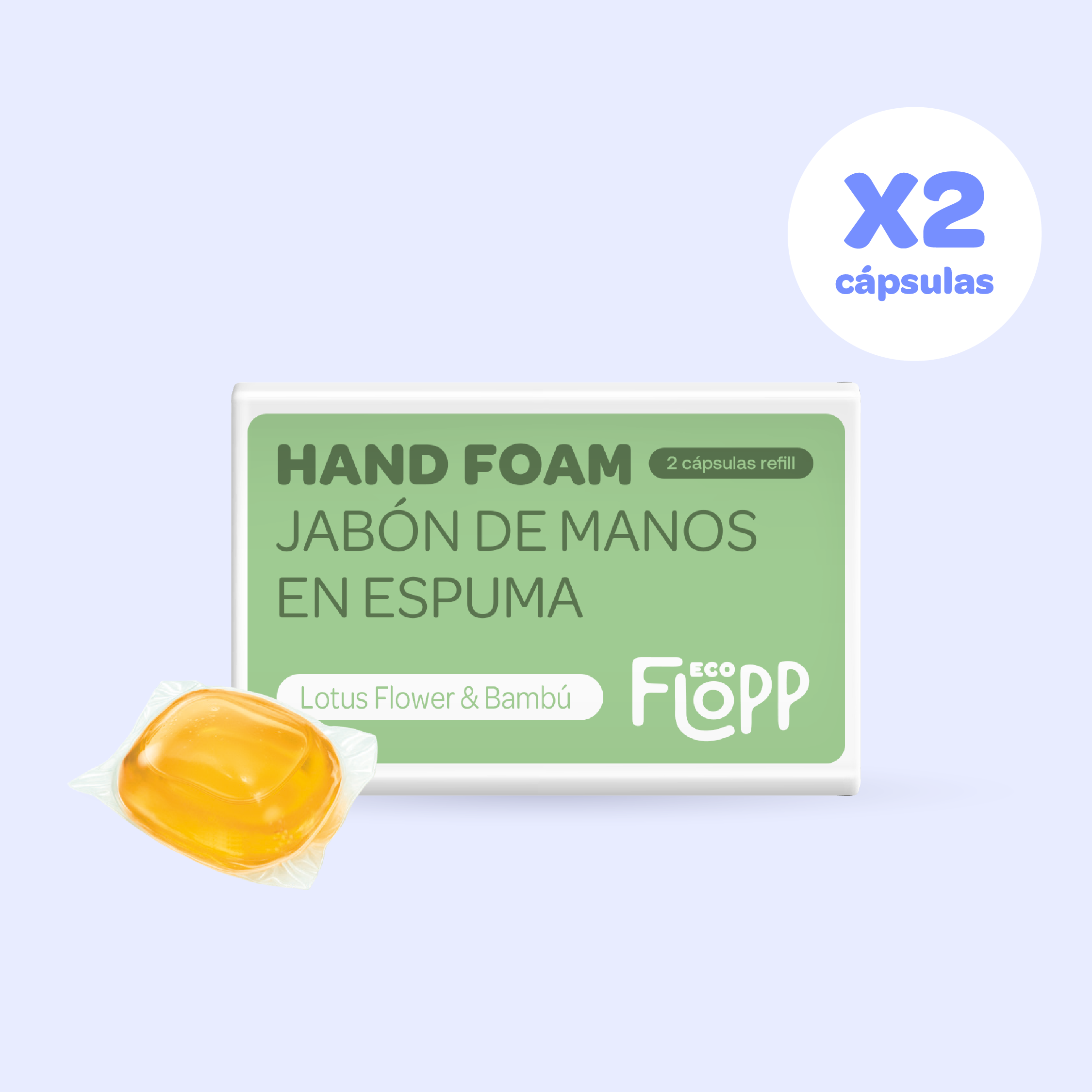 FLOPP ECO Kit Jabón de Manos Espuma 2 Botellas + Refil con 2 Capsulas Dark Amber + Refil con 2 Cápsulas Lotus Flower & Bambú