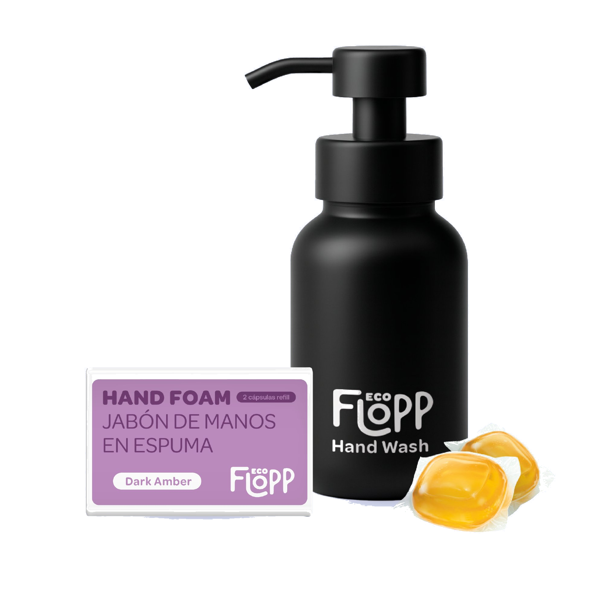 FLOPP ECO Kit Jabón Manos Espuma Botella + Refil con 2 Cápsulas - Dark Amber