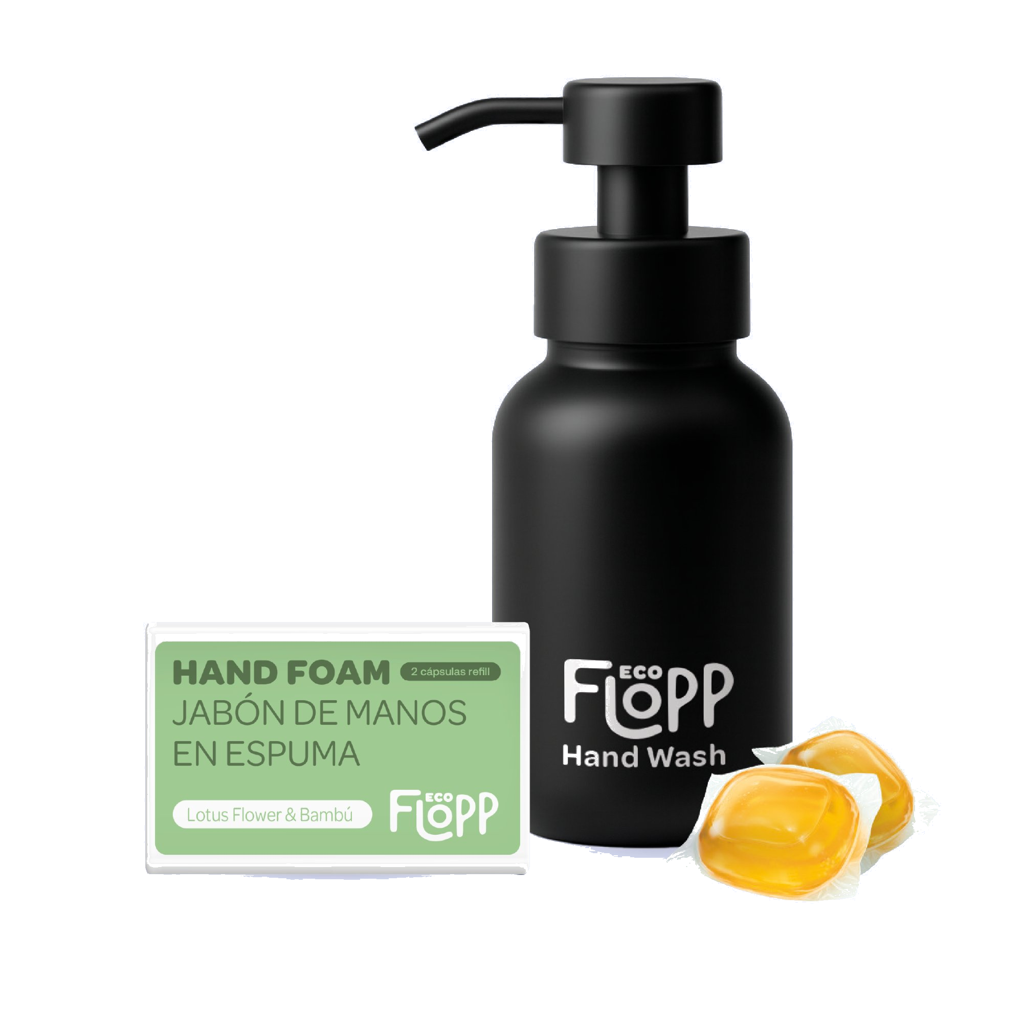 FLOPP ECO Kit Jabón Manos Espuma Botella + Refil con 2 Cápsulas - Lotus Flower & Bambú