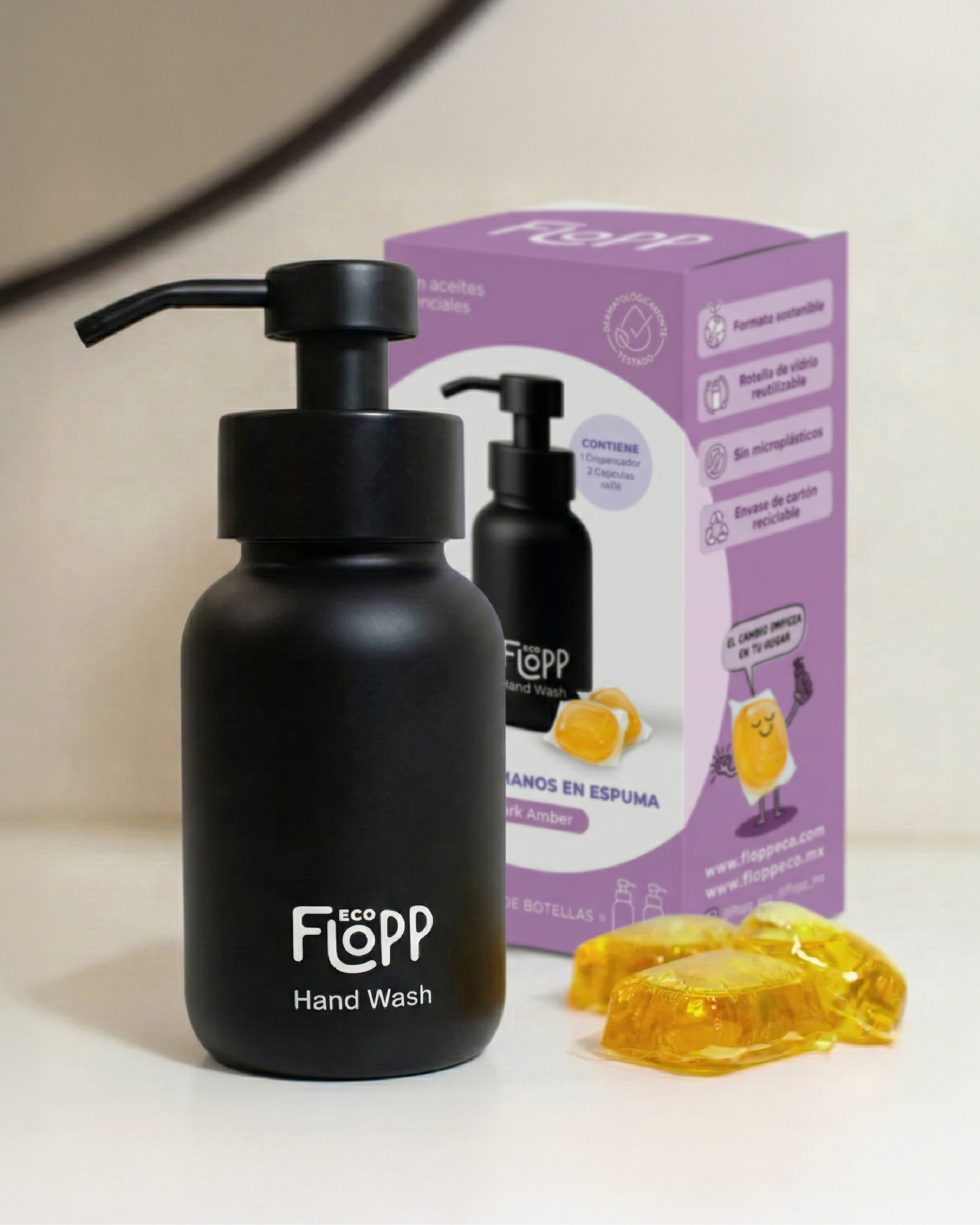 FLOPP ECO Kit Jabón Manos Espuma Botella + Refil con 2 Cápsulas - Lotus Flower & Bambú